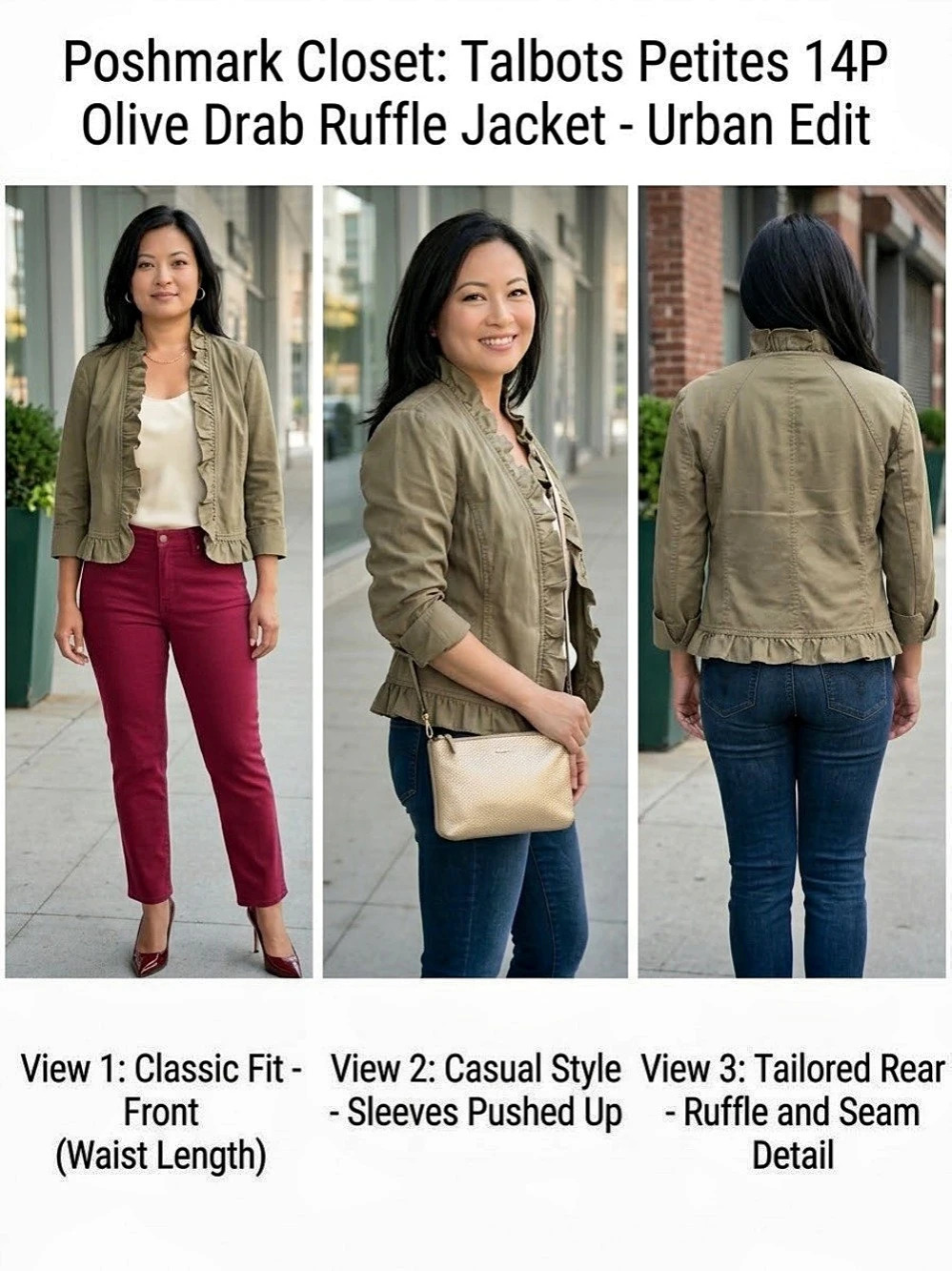 Talbots Urban Edit Ruffle Jacket Ruffle Utility Jacket in Green Size 14P Like
